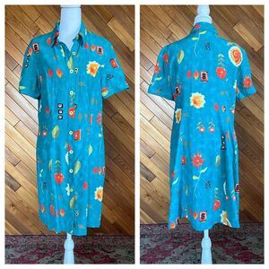 Vintage 90s Teal Floral Abstract Shirt Dress